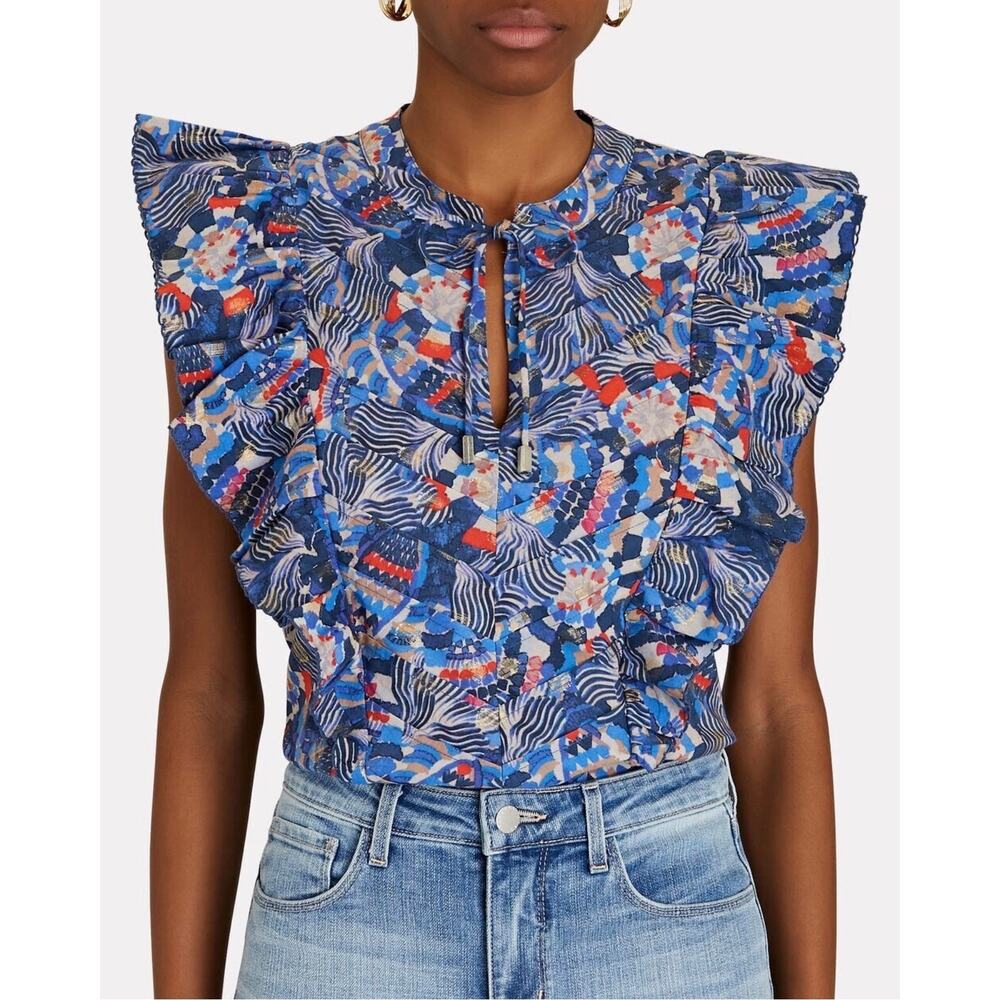 Chufy Dekker Mosaic Flutter Sleeve Gone Jammin Top Blue Multi Guipure Size XS - Picture 4 of 11